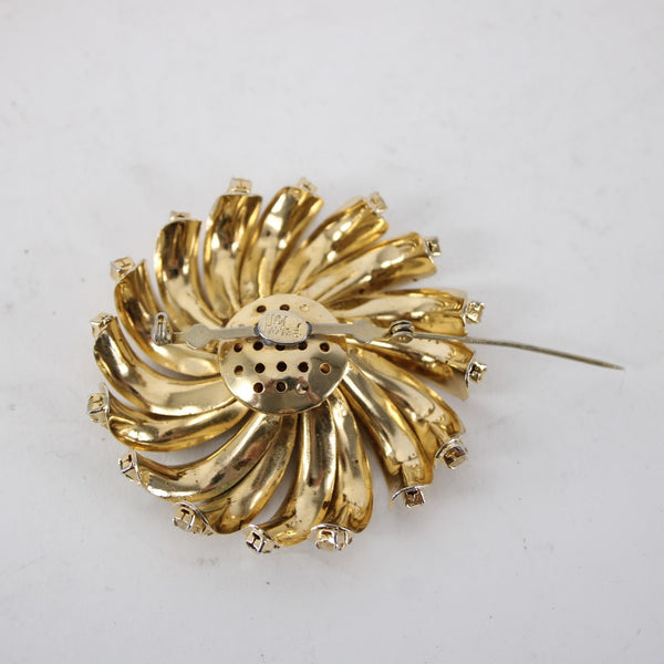 Hobe Pin Goldtone Amber Rhinestones 2.5" Pin Wheel Pin Brooch