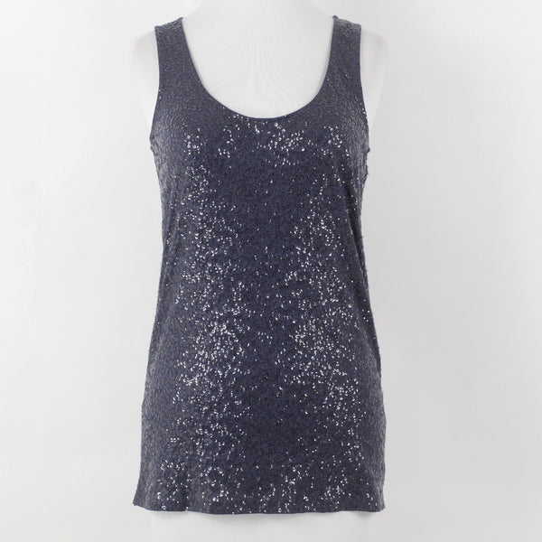 J Crew Sz S Navy Blue All Over Sequin Scoop Neck Cotton Modal Linen Knit Top