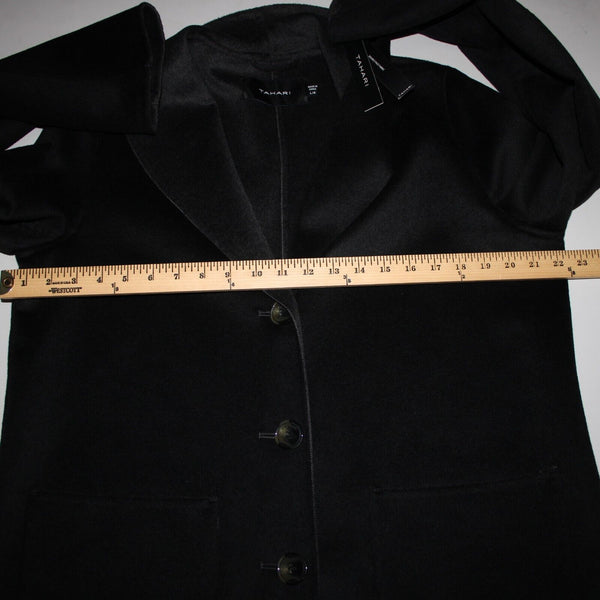 Tahari NEW $300 Sz L Black Shawl Collar Pocket Wool Blend Poly Lined Dress Coat