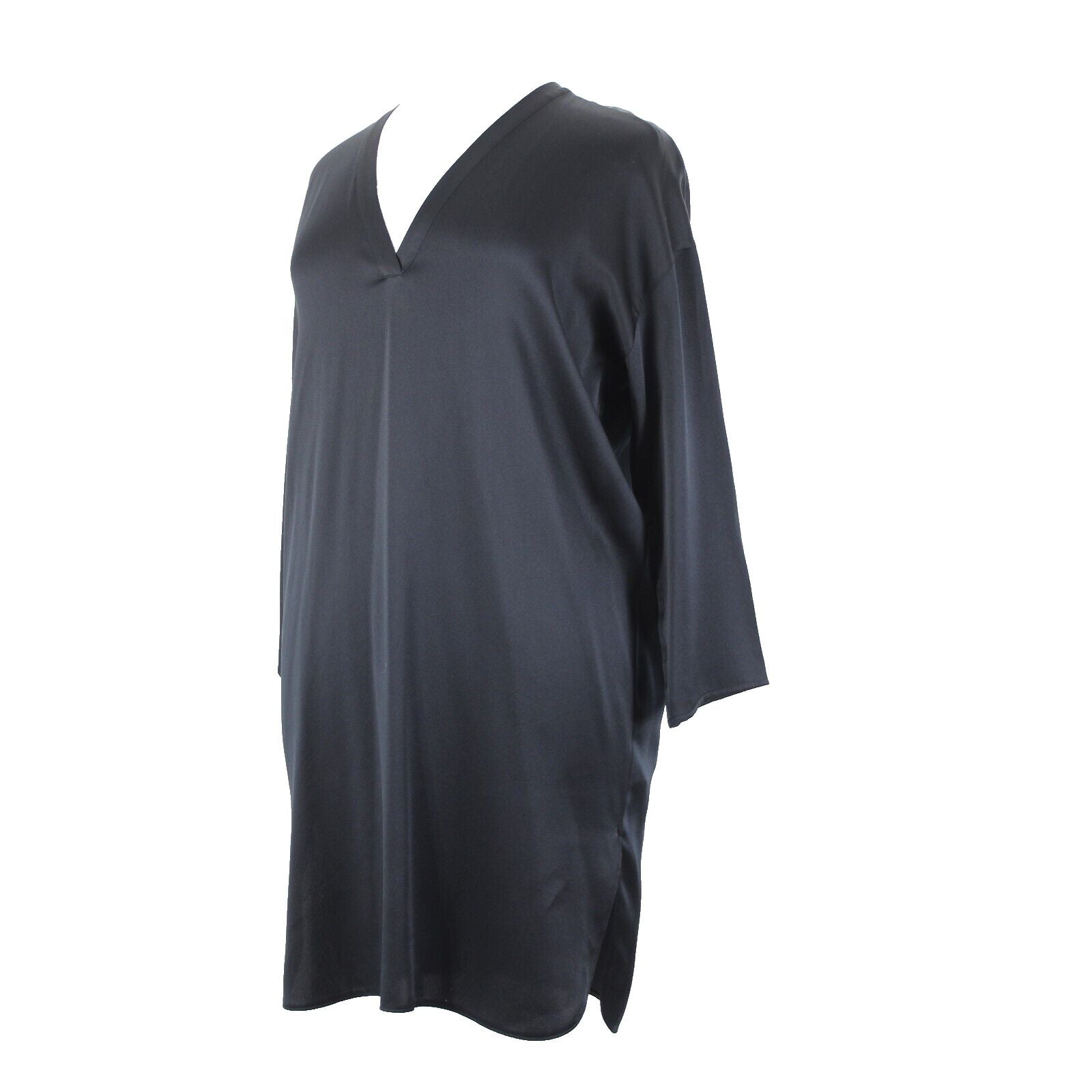 Vince. NEW $425 Sz L Black Midi 3/4 Sleeve Side Slit 100% Silk Tunic Dress