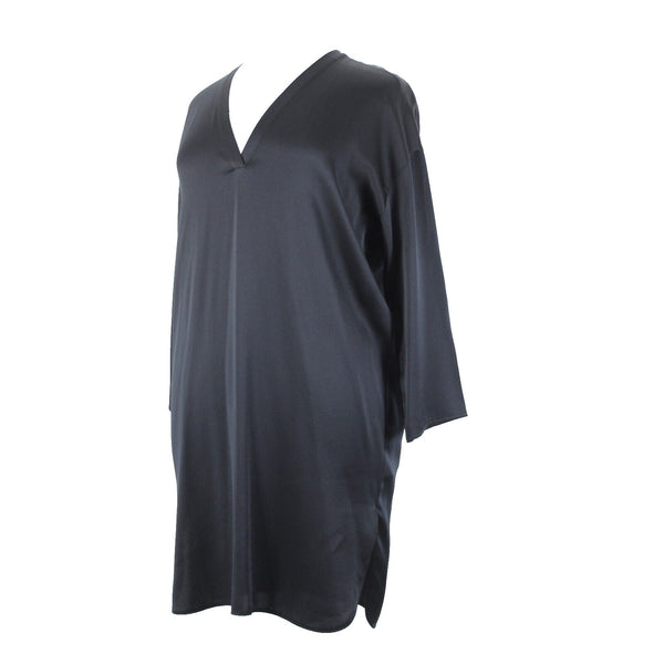 Vince. NEW $425 Sz L Black Midi 3/4 Sleeve Side Slit 100% Silk Tunic Dress