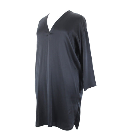 Vince. NEW $425 Sz L Black Midi 3/4 Sleeve Side Slit 100% Silk Tunic Dress