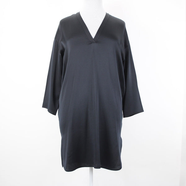 Vince. NEW $425 Sz L Black Midi 3/4 Sleeve Side Slit 100% Silk Tunic Dress