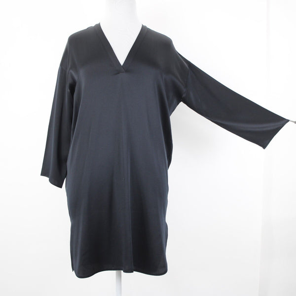 Vince. NEW $425 Sz L Black Midi 3/4 Sleeve Side Slit 100% Silk Tunic Dress