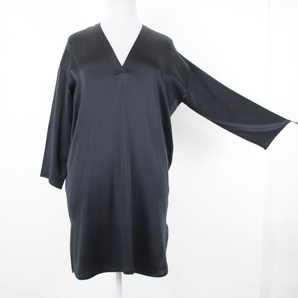 Vince. NEW $425 Sz L Black Midi 3/4 Sleeve Side Slit 100% Silk Tunic Dress