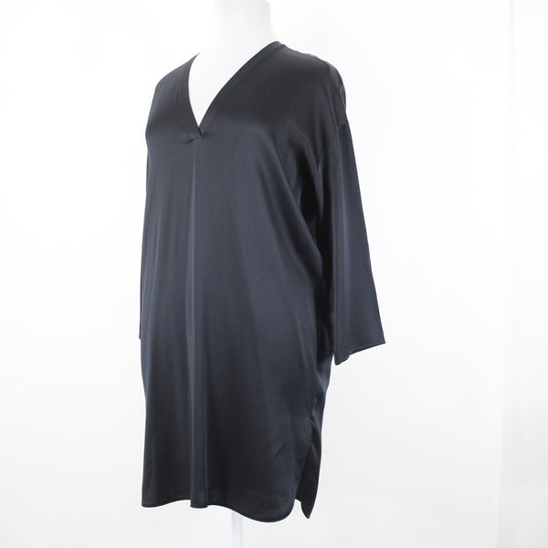 Vince. NEW $425 Sz L Black Midi 3/4 Sleeve Side Slit 100% Silk Tunic Dress