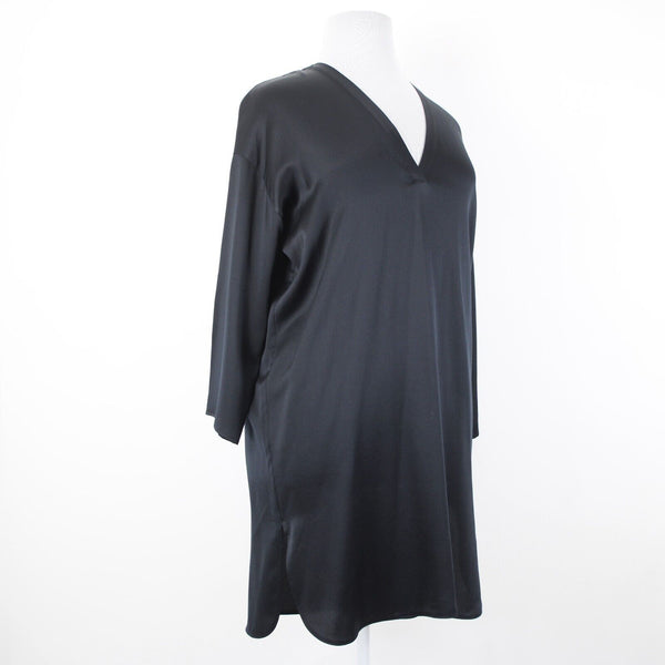 Vince. NEW $425 Sz L Black Midi 3/4 Sleeve Side Slit 100% Silk Tunic Dress