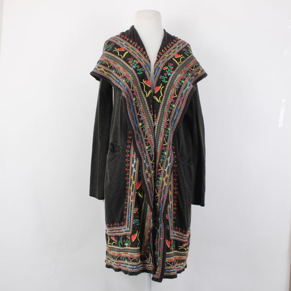 Biya Jacket Sz S Brown Multi Colored Hood Embroidered Pockets 100% Cotton Jacket