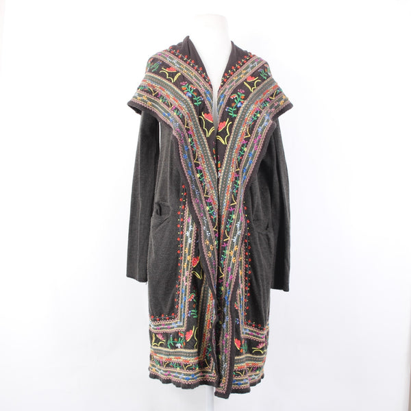 Biya Jacket Sz S Brown Multi Colored Hood Embroidered Pockets 100% Cotton Jacket