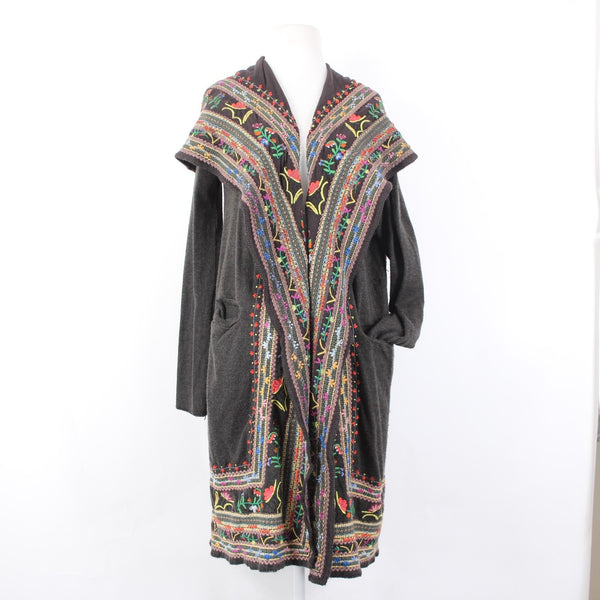 Biya Jacket Sz S Brown Multi Colored Hood Embroidered Pockets 100% Cotton Jacket