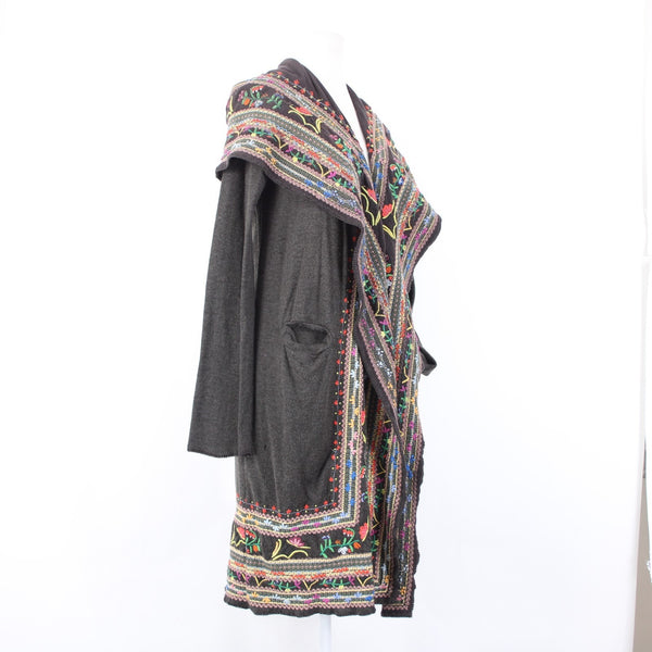 Biya Jacket Sz S Brown Multi Colored Hood Embroidered Pockets 100% Cotton Jacket