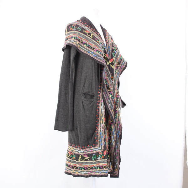 Biya Jacket Sz S Brown Multi Colored Hood Embroidered Pockets 100% Cotton Jacket