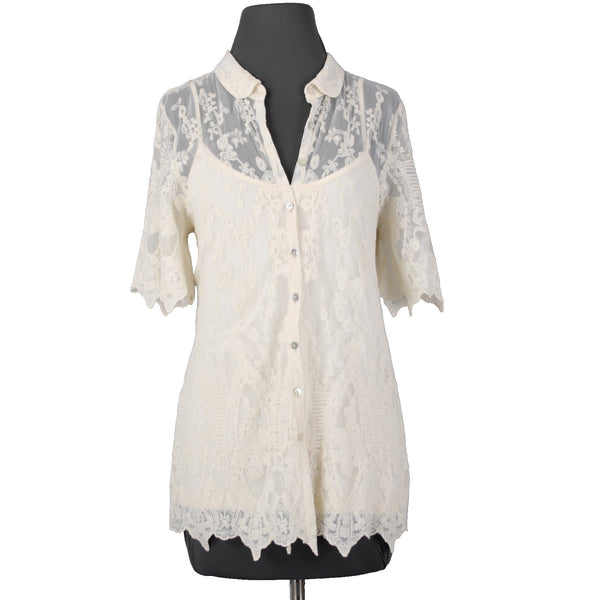Sundance Top Sz 10 Cream Lace 2 Piece Collared Asymmetrical Cotton Nylon Top