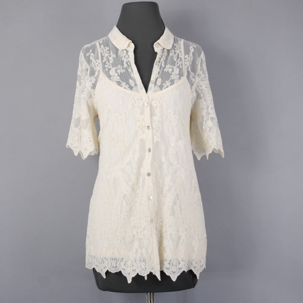 Sundance Top Sz 10 Cream Lace 2 Piece Collared Asymmetrical Cotton Nylon Top