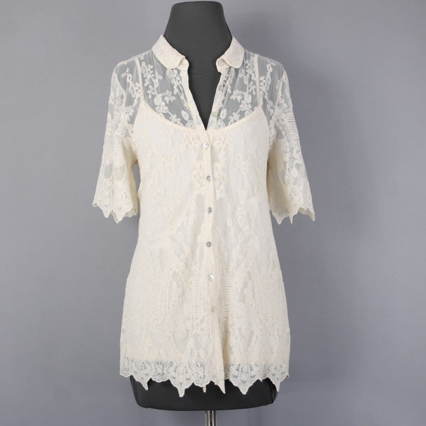 Sundance Top Sz 10 Cream Lace 2 Piece Collared Asymmetrical Cotton Nylon Top