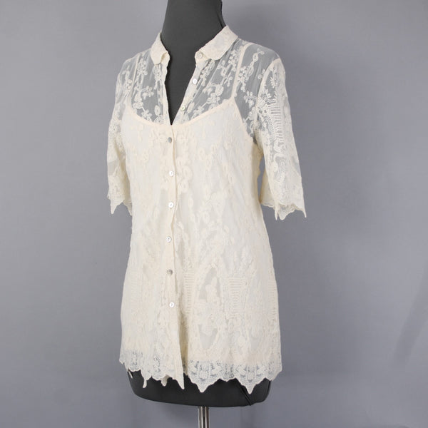 Sundance Top Sz 10 Cream Lace 2 Piece Collared Asymmetrical Cotton Nylon Top