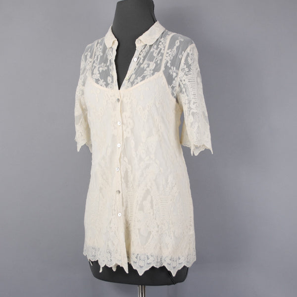 Sundance Top Sz 10 Cream Lace 2 Piece Collared Asymmetrical Cotton Nylon Top