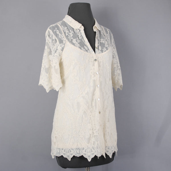 Sundance Top Sz 10 Cream Lace 2 Piece Collared Asymmetrical Cotton Nylon Top