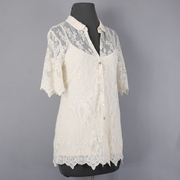 Sundance Top Sz 10 Cream Lace 2 Piece Collared Asymmetrical Cotton Nylon Top