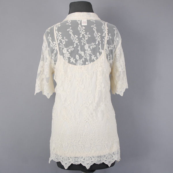 Sundance Top Sz 10 Cream Lace 2 Piece Collared Asymmetrical Cotton Nylon Top