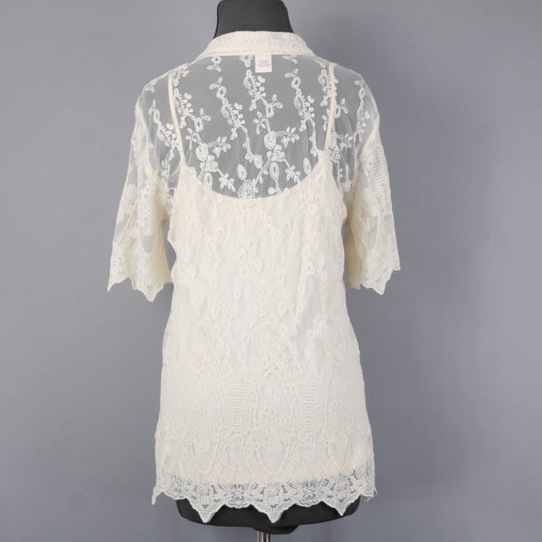 Sundance Top Sz 10 Cream Lace 2 Piece Collared Asymmetrical Cotton Nylon Top