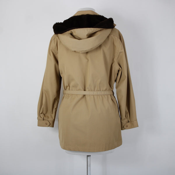 London Fog Sz S? Classic Tan Brown Lined Faux Fur Hooded Pockets Jacket