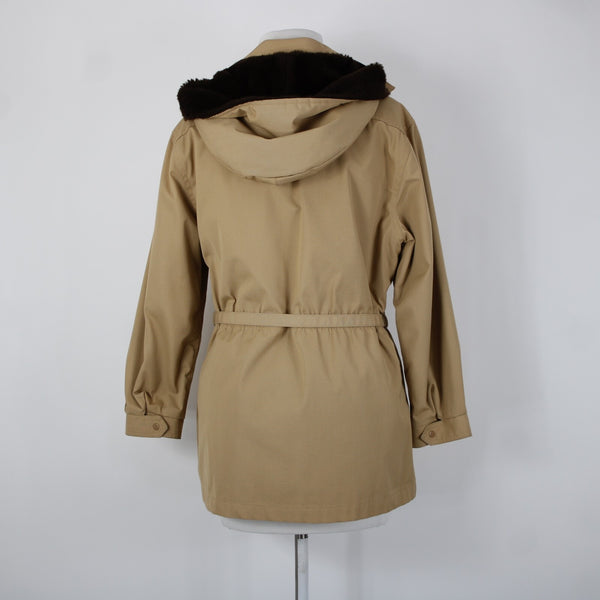 London Fog Sz S? Classic Tan Brown Lined Faux Fur Hooded Pockets Jacket