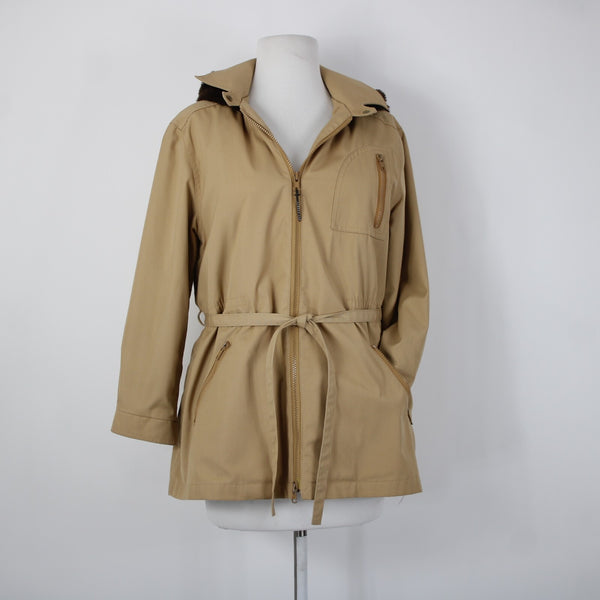London Fog Sz S? Classic Tan Brown Lined Faux Fur Hooded Pockets Jacket