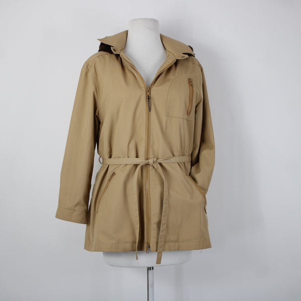 London Fog Sz S? Classic Tan Brown Lined Faux Fur Hooded Pockets Jacket