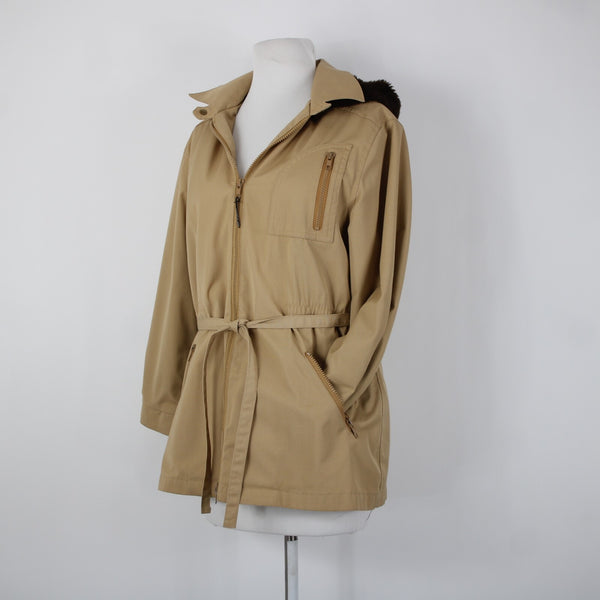 London Fog Sz S? Classic Tan Brown Lined Faux Fur Hooded Pockets Jacket