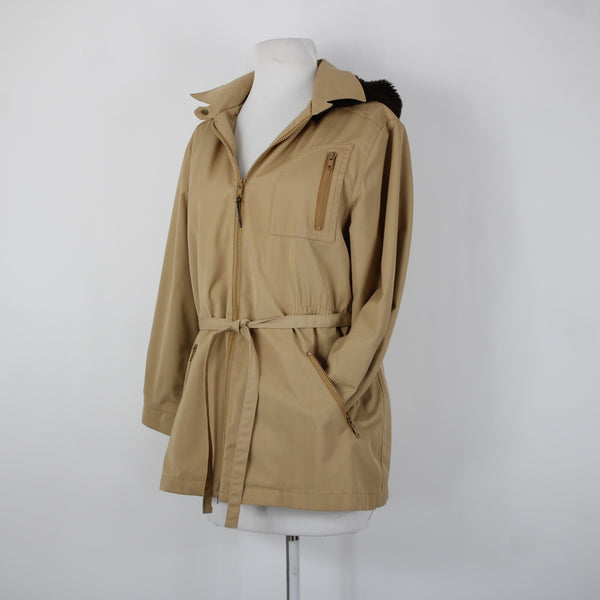 London Fog Sz S? Classic Tan Brown Lined Faux Fur Hooded Pockets Jacket