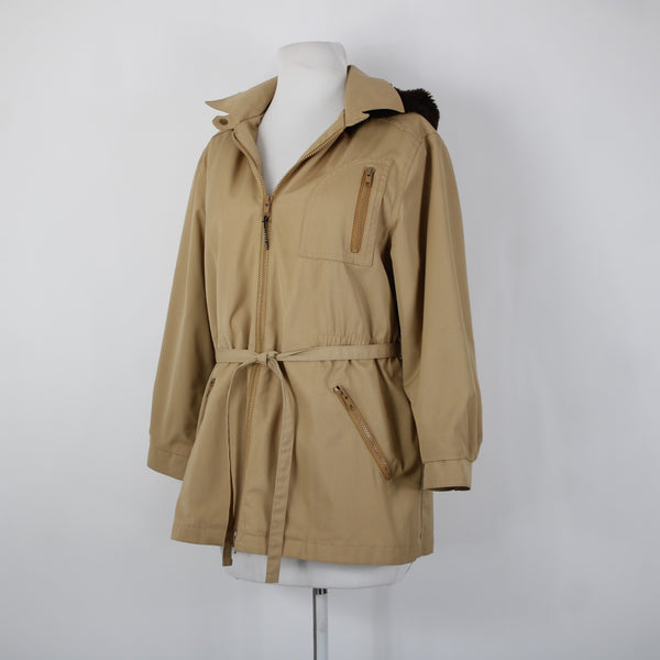 London Fog Sz S? Classic Tan Brown Lined Faux Fur Hooded Pockets Jacket