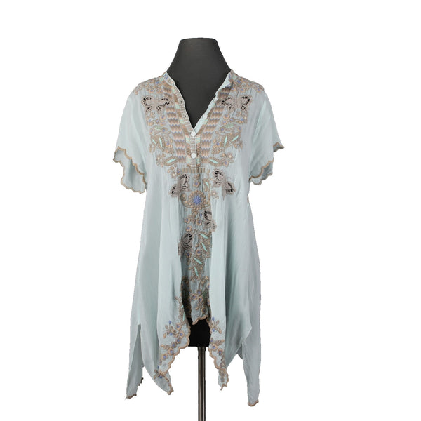 Johnny Was Top Sz M Aqua Blue Multi Color Embroidered Sheer 100% Rayon Poly Top