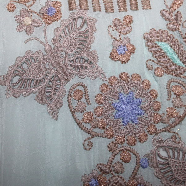 Johnny Was Top Sz M Aqua Blue Multi Color Embroidered Sheer 100% Rayon Poly Top