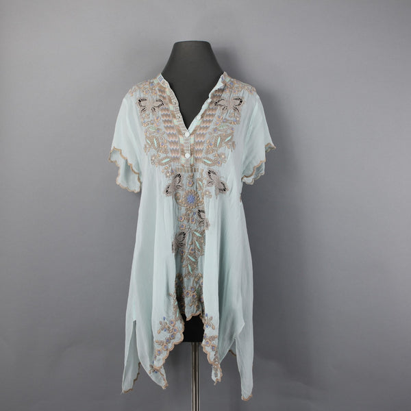 Johnny Was Top Sz M Aqua Blue Multi Color Embroidered Sheer 100% Rayon Poly Top