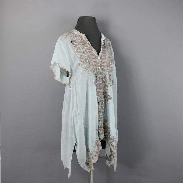 Johnny Was Top Sz M Aqua Blue Multi Color Embroidered Sheer 100% Rayon Poly Top