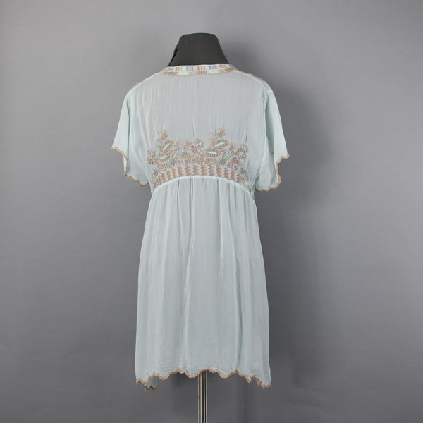 Johnny Was Top Sz M Aqua Blue Multi Color Embroidered Sheer 100% Rayon Poly Top