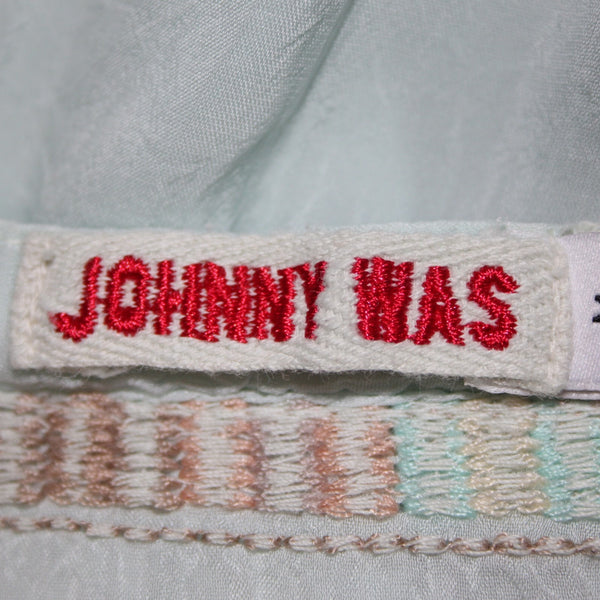 Johnny Was Top Sz M Aqua Blue Multi Color Embroidered Sheer 100% Rayon Poly Top