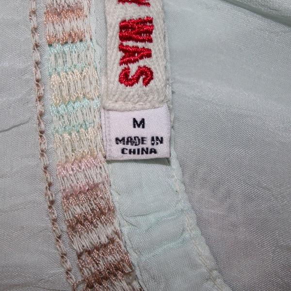 Johnny Was Top Sz M Aqua Blue Multi Color Embroidered Sheer 100% Rayon Poly Top