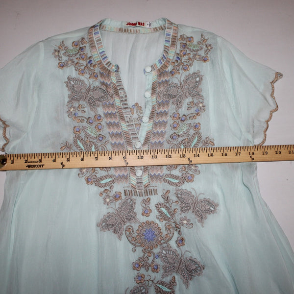 Johnny Was Top Sz M Aqua Blue Multi Color Embroidered Sheer 100% Rayon Poly Top
