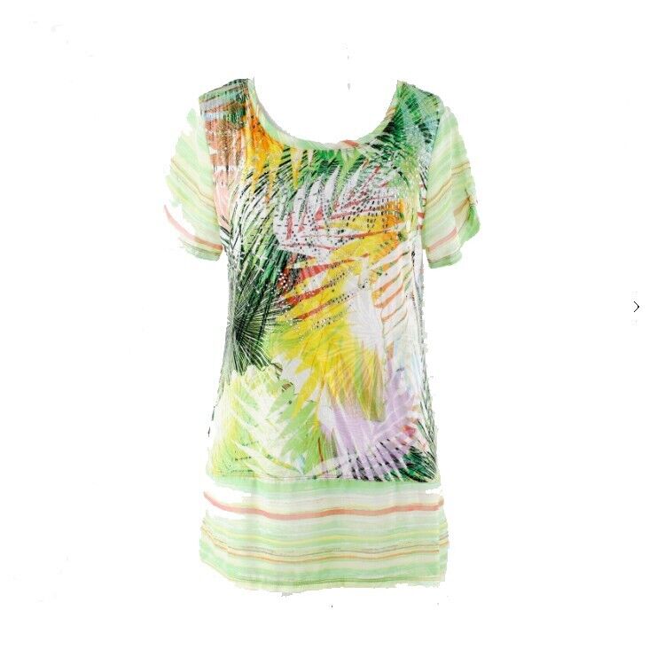 Onque Casuals Sz S Lime Green Multi Rhinestones Hi Lo Peplum Cotton Poly Top