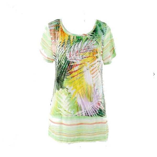 Onque Casuals Sz S Lime Green Multi Rhinestones Hi Lo Peplum Cotton Poly Top