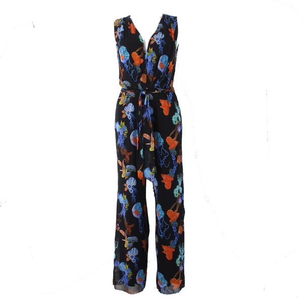 Fuzzi Jumpsuit NEW Sz XL Black Multi Color Floral 100% Polyamid Nylon Jumpsuit