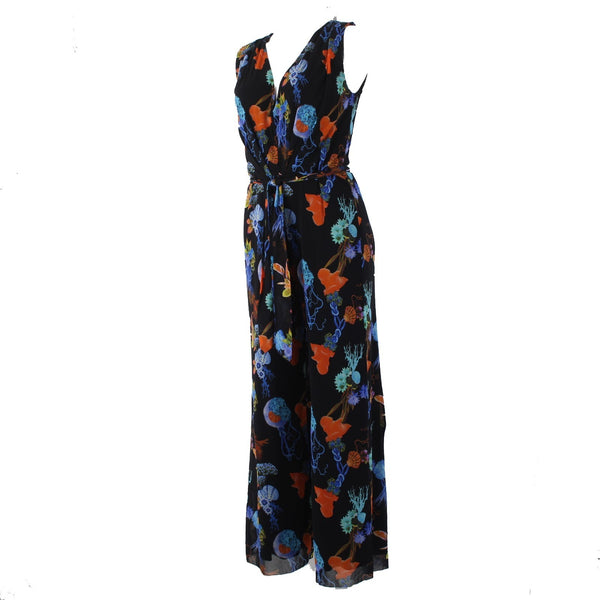Fuzzi Jumpsuit NEW Sz XL Black Multi Color Floral 100% Polyamid Nylon Jumpsuit