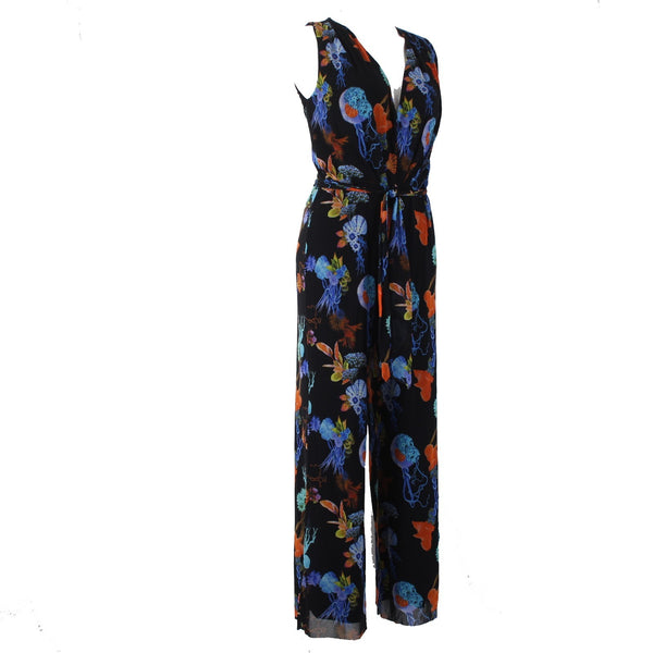 Fuzzi Jumpsuit NEW Sz XL Black Multi Color Floral 100% Polyamid Nylon Jumpsuit