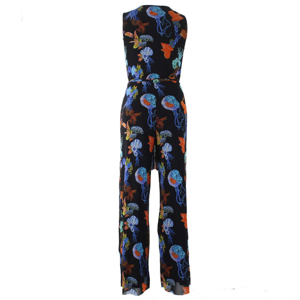 Fuzzi Jumpsuit NEW Sz XL Black Multi Color Floral 100% Polyamid Nylon Jumpsuit