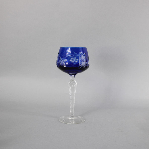 Bohemian Wine Glass Czechoslovakia Crystal Cut Blue 8" Wine Glass