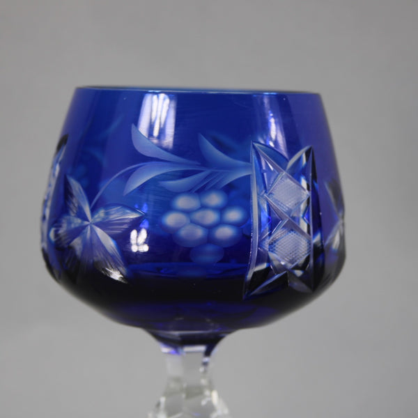 Bohemian Wine Glass Czechoslovakia Crystal Cut Blue 8" Wine Glass