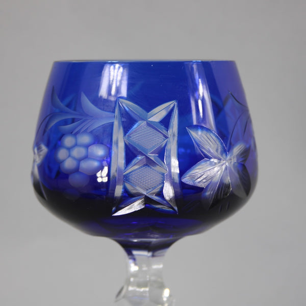 Bohemian Wine Glass Czechoslovakia Crystal Cut Blue 8" Wine Glass