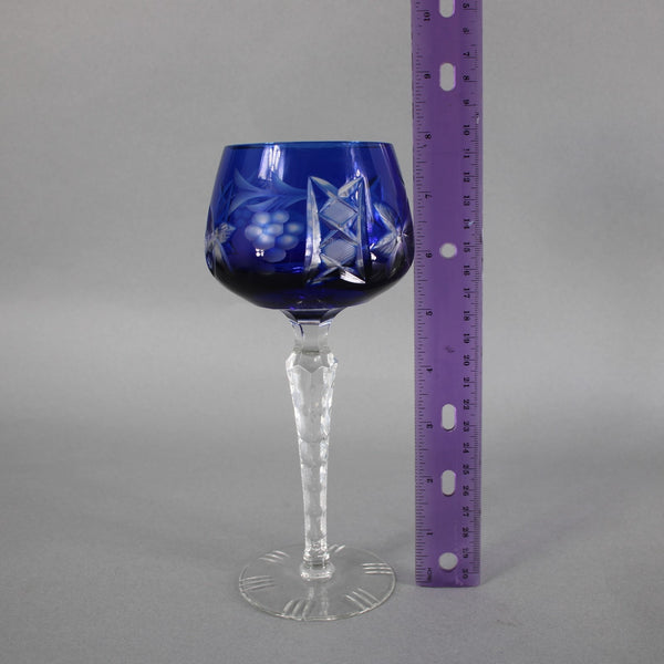 Bohemian Wine Glass Czechoslovakia Crystal Cut Blue 8" Wine Glass